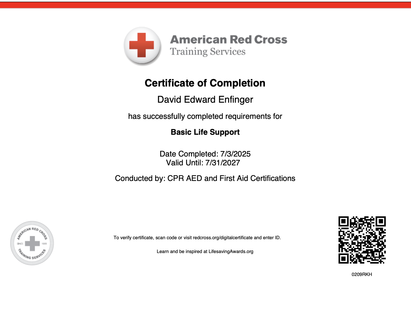 Basic Life Saving Certificate